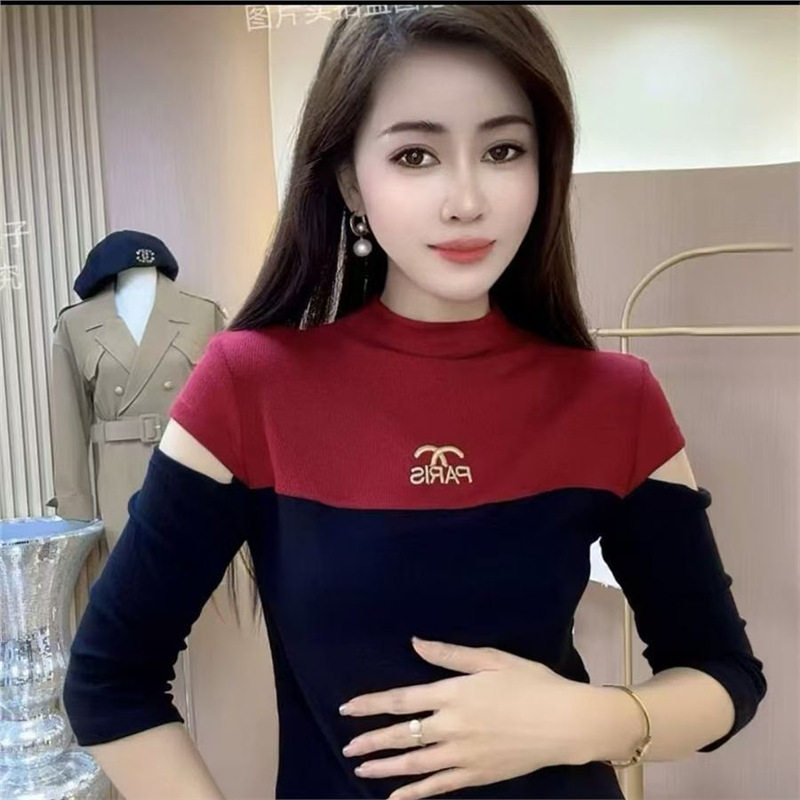 半高领露肩打底衫螺纹棉五分袖新款修身显瘦遮肚拼色上衣时尚百搭,女士内衣/男士内衣/家居服,保暖上装,淘宝优惠券,粉丝福利购,淘宝优惠卷