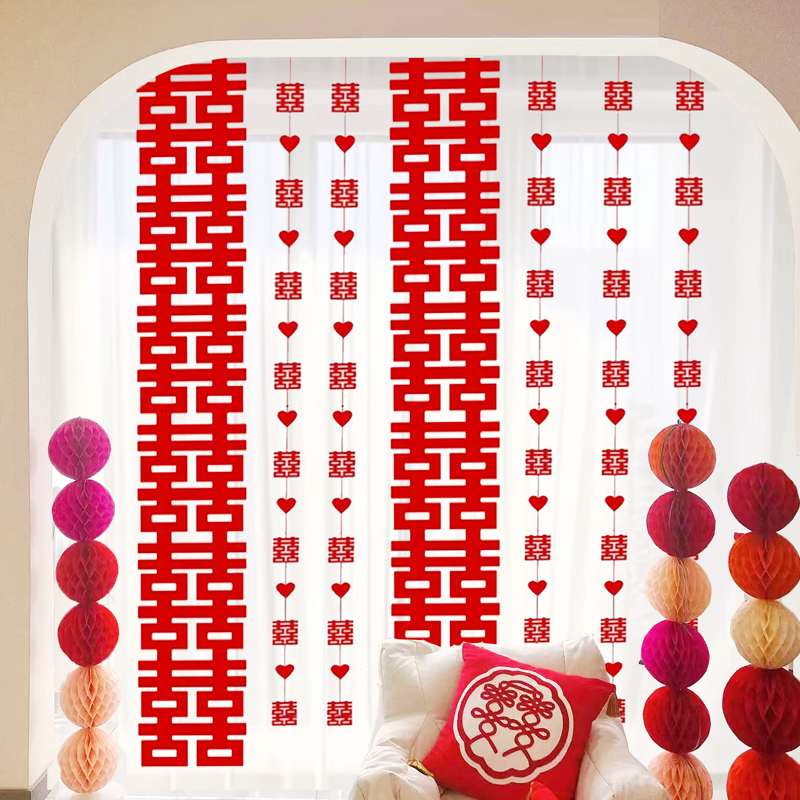 婵翼云纱婚房布置长条喜字拉花