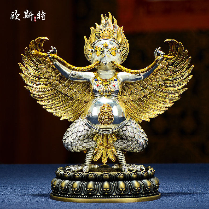 欧斯特大鹏金翅鸟铜像摆件室内家用金翅大鹏鸟带莲花底座桌面摆件