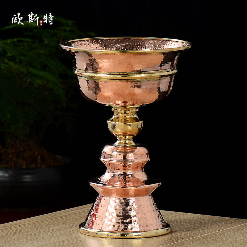 红铜酥油灯灯座手工锤纹蜡烛台室内家用长明灯灯盏供灯桌面摆件