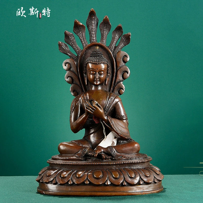 欧斯特 尼泊尔 手工紫铜 8寸 龙树菩萨 中式摆件客厅装饰家居铜像
