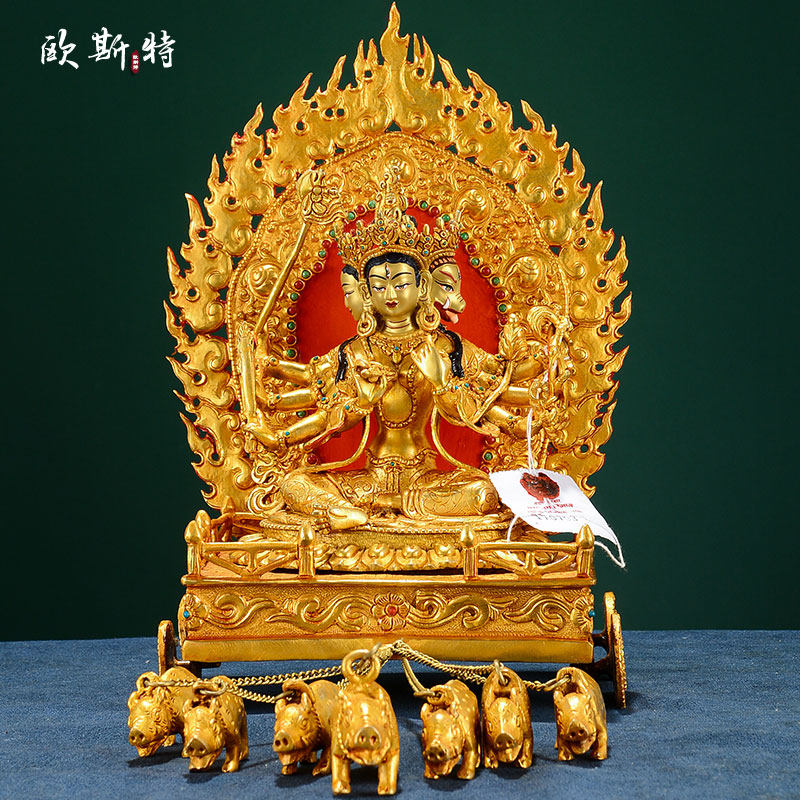 尼泊尔手工魔力支天铜像全鎏金室内家用巨光佛母铜像桌面摆件