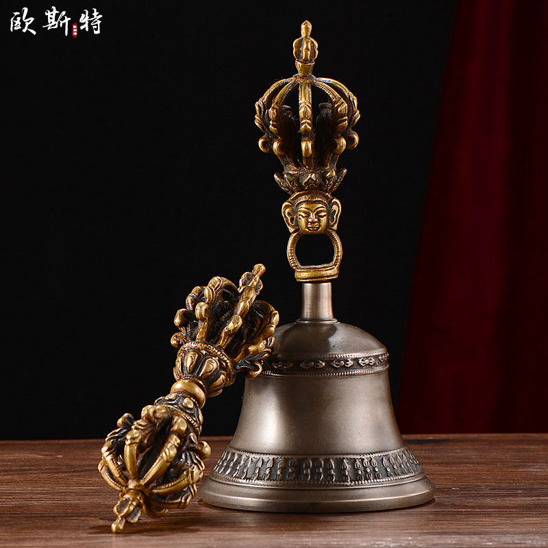 金刚铃杵套装居家客厅尼泊尔手工靑铜金刚杵金刚铃 九股金刚摆件