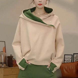 欧货高级感不规则撞色拼接带帽套头卫衣女2025秋冬新宽松百搭外套