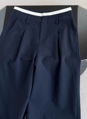 CHAO级推荐！藏蓝色天丝棉阔腿裤女夏季新款撞色腰头设计弯刀长裤