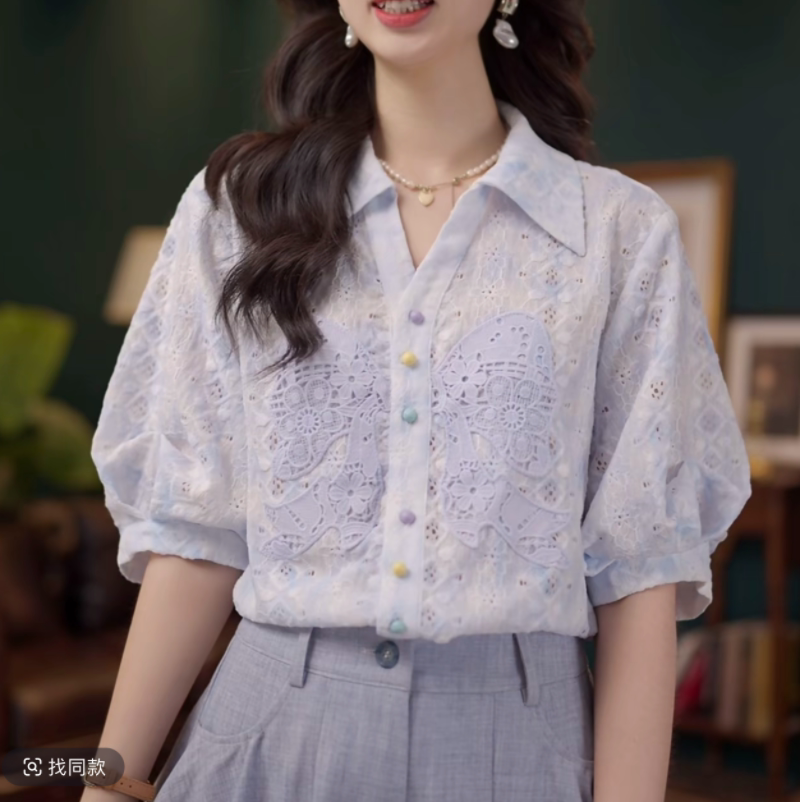 蓝华精灵温柔衬衣休闲百搭短袖衬衫女夏季上衣十裤子