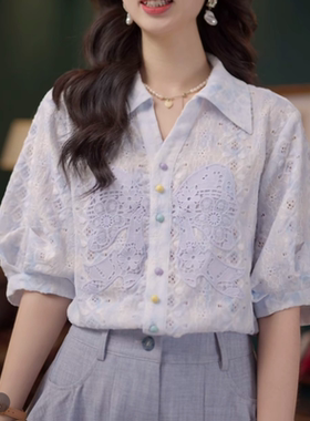 蓝华精灵温柔衬衣休闲百搭短袖衬衫女夏季上衣十裤子