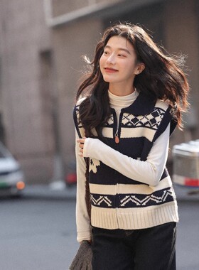 觅定费尔岛翻领提花针织马甲背心女冬季外穿马夹巨好看叠穿上衣