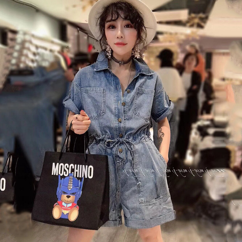 牛仔连体裤女夏高腰显瘦2024新款韩版连衣阔腿短裤工装连体套装女