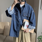 2023年春季长袖衬衣日系外套工装口袋宽松牛仔衬衫Q339-P68控88，男装衬衫，电商A405