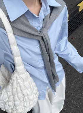 2025韩系学院风蓝色长袖衬衫带披肩女早秋新款白色宽松阔腿裤套装