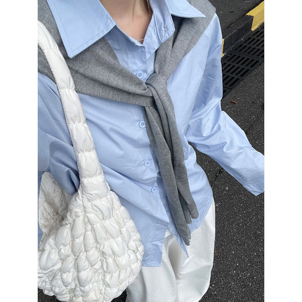 2025韩系学院风蓝色长袖衬衫带披肩女早秋新款白色宽松阔腿裤套装