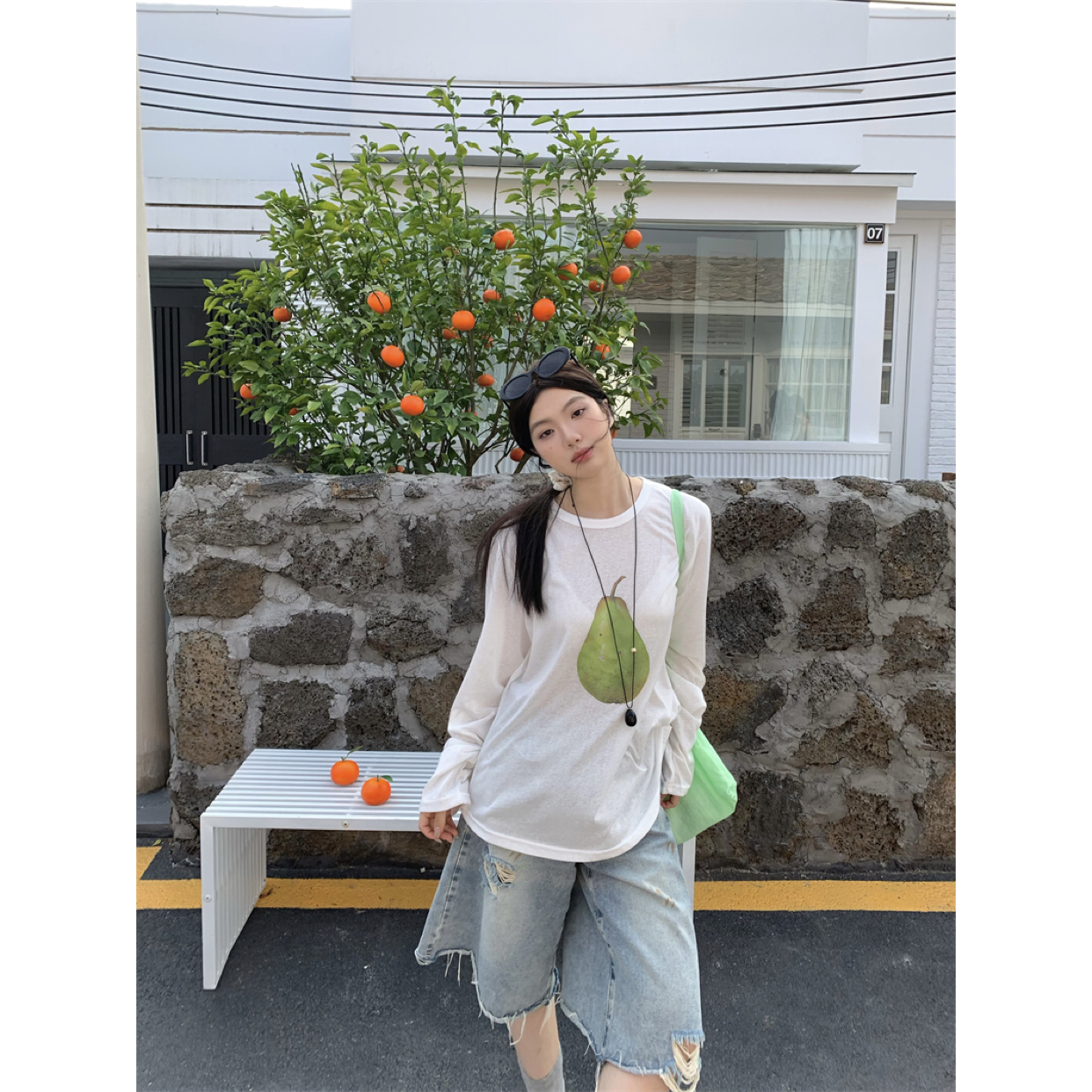 现货实拍实价~夏日出游 韩系水果雪梨印花宽松防晒罩衫T恤上衣