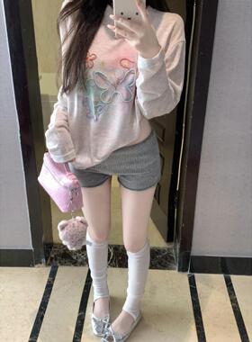 2025夏季新款透气舒适百搭盘带绣蝴蝶长袖罩衫+灰色低腰热裤