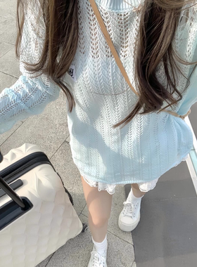 2025新款奶蓝色镂空破坏针织套头罩衫宽松休闲女潮流长袖上衣