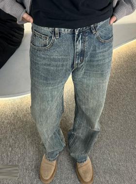 美式高街cleanfit微喇叭牛仔裤男直筒做旧ins潮复古蓝竹节纹长裤