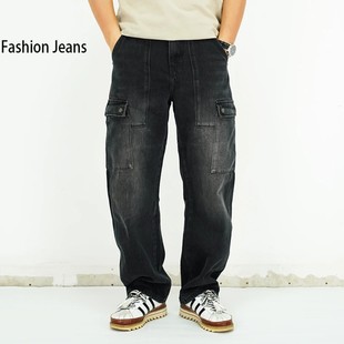 弯刀工装牛仔裤男秋冬新款黑灰色多口袋美式高街潮牌复古宽松长裤