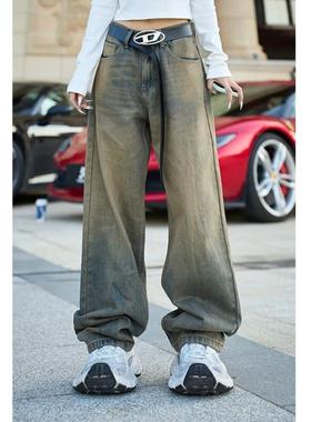 复古黄泥牛仔裤男美式宽松直筒水洗做旧巴黎24AW显瘦cleanfit长裤