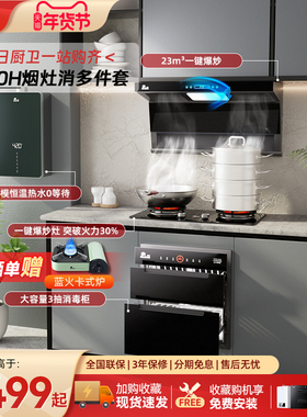 红日抽烟吸烟机7字顶侧双吸家用燃气灶消毒柜热水器LEU30H多件套