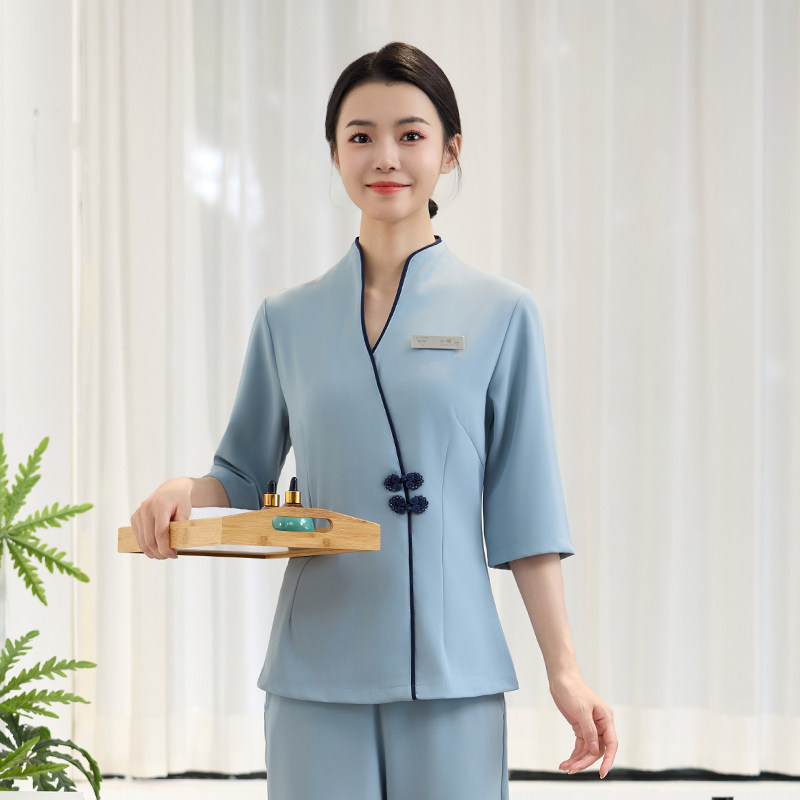 美容师工作服女蓝色立领五分袖修身套装养生会所技师制服