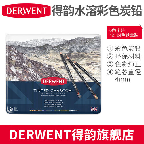 英国进口Derwent得韵彩色炭笔Tinted Charcoal 12色/24色碳画笔