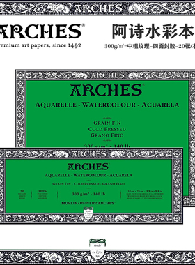 法国进口阿诗水彩本中粗纯棉ARCHES300克640克四面封胶20页无酸