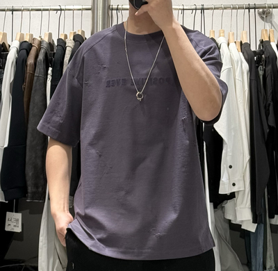 索末夏季新款男破洞设计感字母印花圆领短袖T袖美式简约宽松半袖t