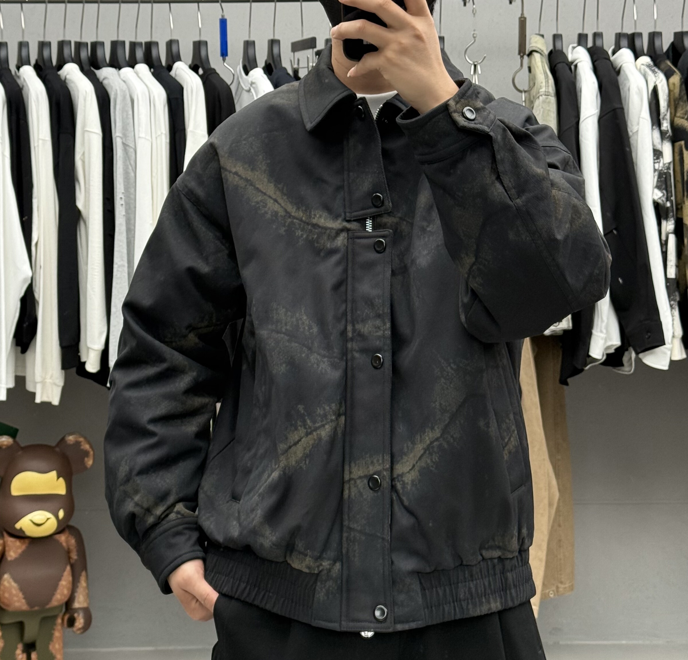 BY3冬季男复古扎染做旧90白鸭绒翻领羽绒服美式宽松保暖御寒外套