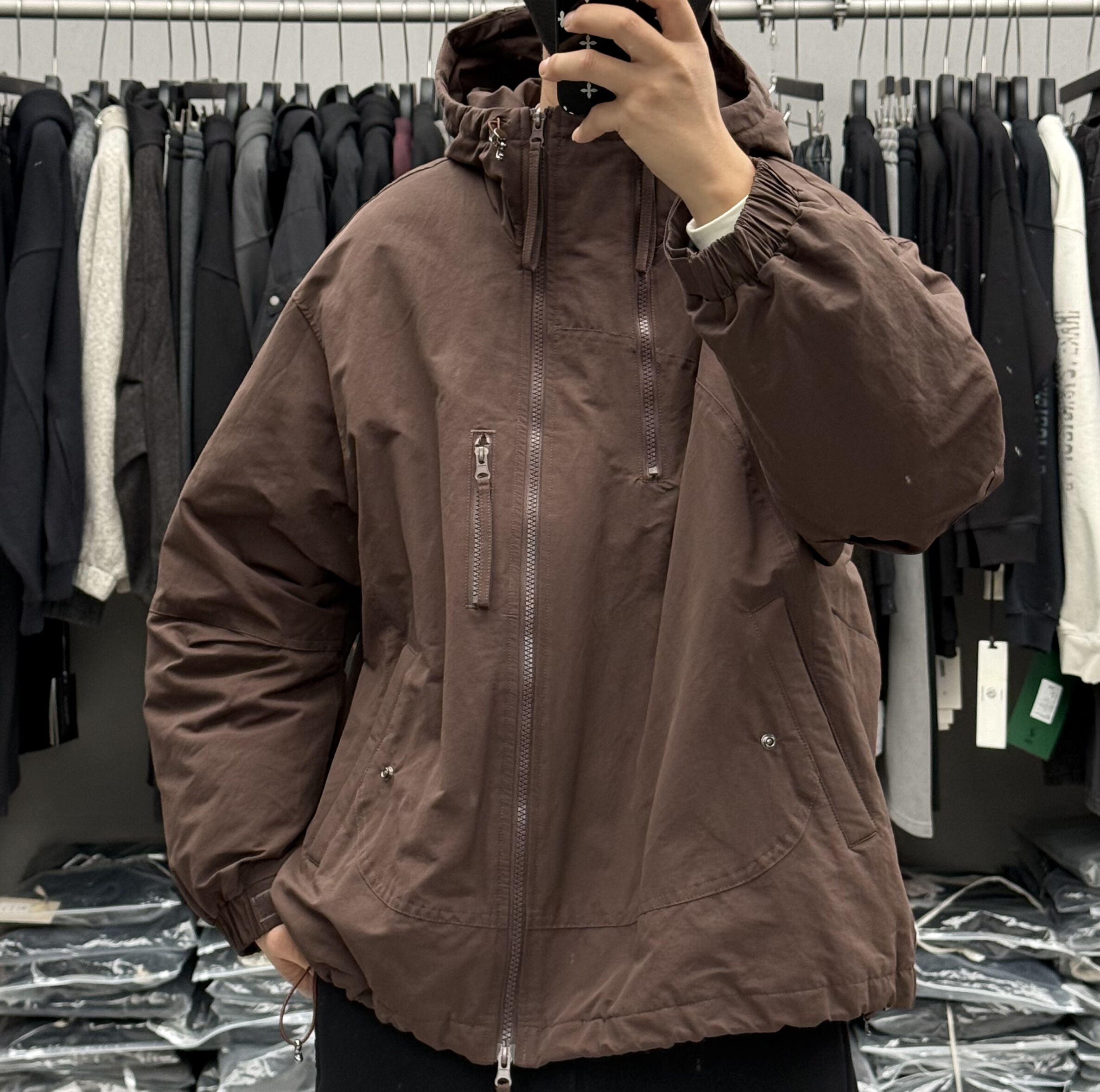 美式户外工装拉链拼接连帽羽绒服男士冬季宽松保暖90白鸭绒冲锋衣