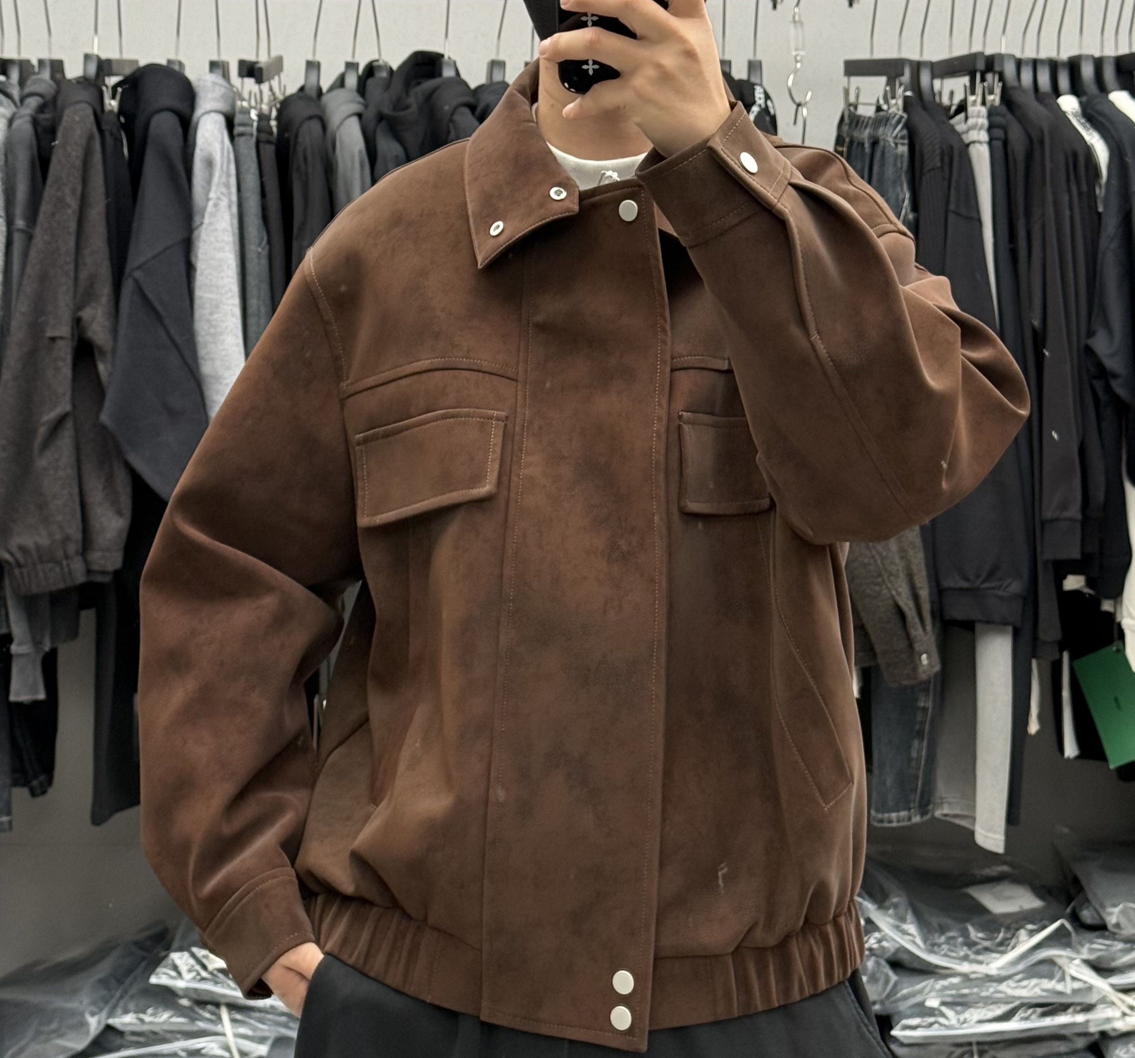 美式复古美拉德麂皮绒工装翻领羽绒服男冬季宽松保暖鹅绒皮衣外套