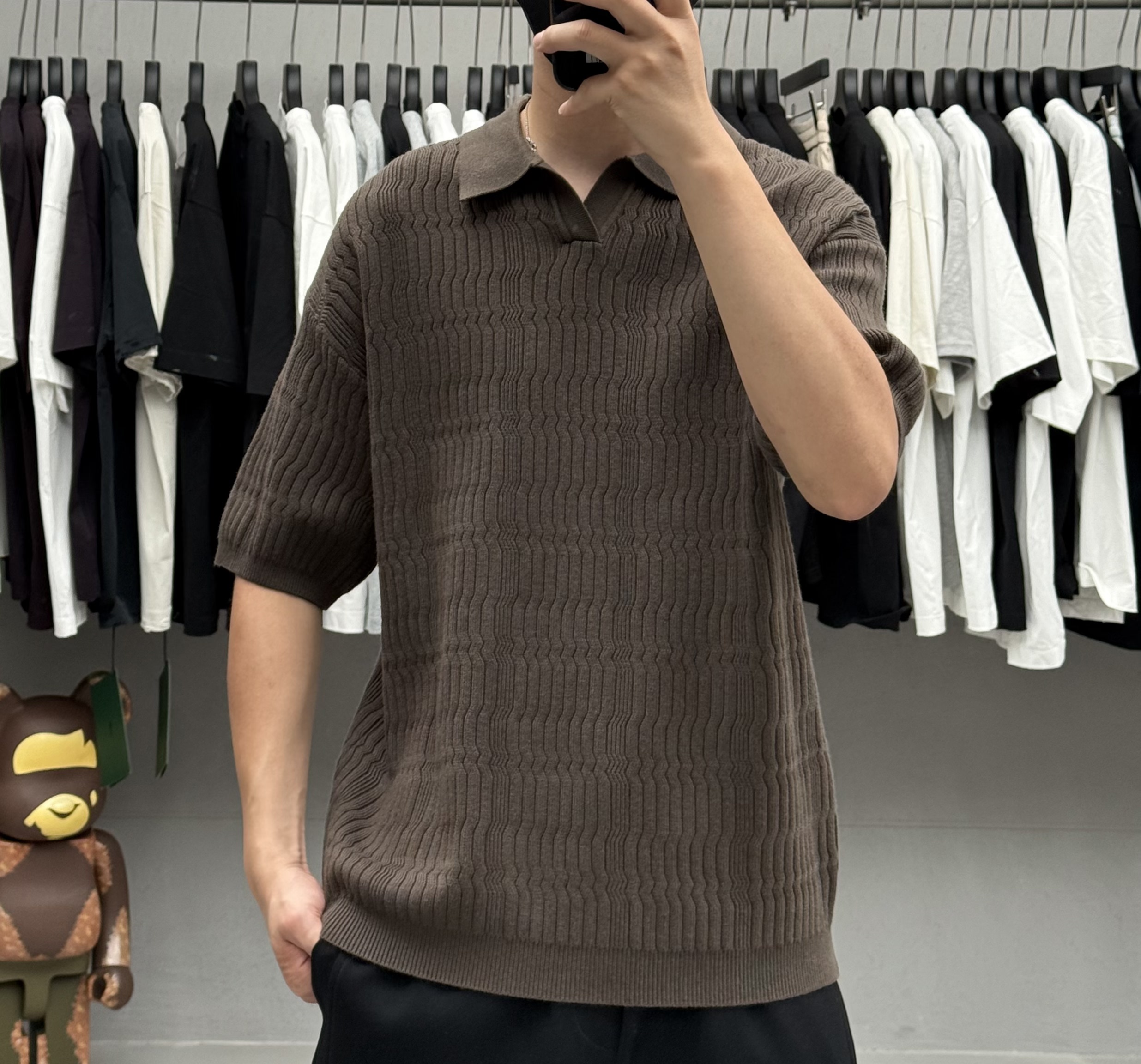 早秋高端纯色简约翻领羊毛针织Polo衫男士韩版纹理编制感短袖毛衣