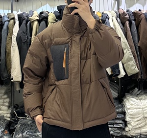 COM冬季新款男拼接口袋立领PU皮羽绒服男复古加厚保暖抗寒外套男