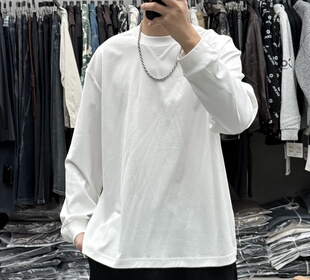 QFO春季男简约纯色净版垂感亲肤圆领长袖T恤韩版百搭舒适打底上衣