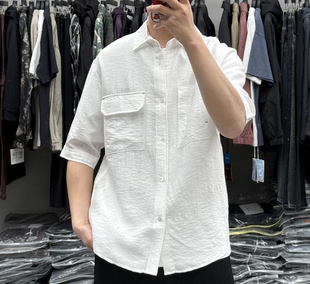 山形夏季男高级感暗纹提花工装翻领短袖衬衫韩系休闲百搭凉感衬衣