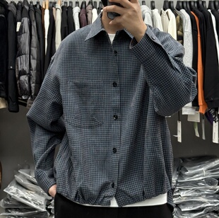 侧重春季男复古松弛感撞色格子翻领长袖衬衫美式宽松百搭痞帅外套