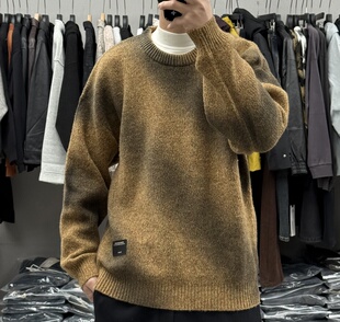 宽松保暖百搭痞帅针织衫 BG2冬季 复古扎染渐变色加厚圆领毛衣男士