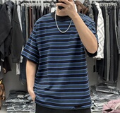 潮牌重磅纯棉做旧破洞条纹短袖 复古高克重宽松半袖 T袖 男春夏美式