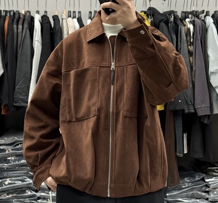 高端复古老钱风麂皮绒翻领羽绒服男冬季韩版宽松保暖90白鸭绒外套