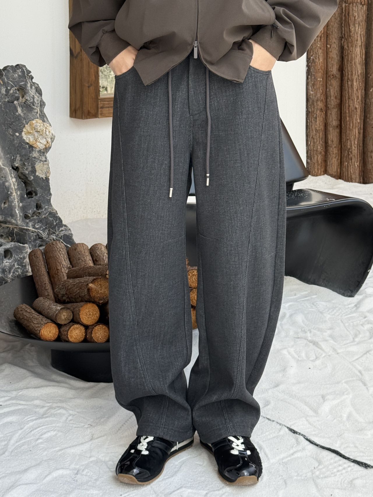 互道秋冬男高级感复古加绒直筒休闲裤韩系宽松百搭痞帅羊毛阔腿裤