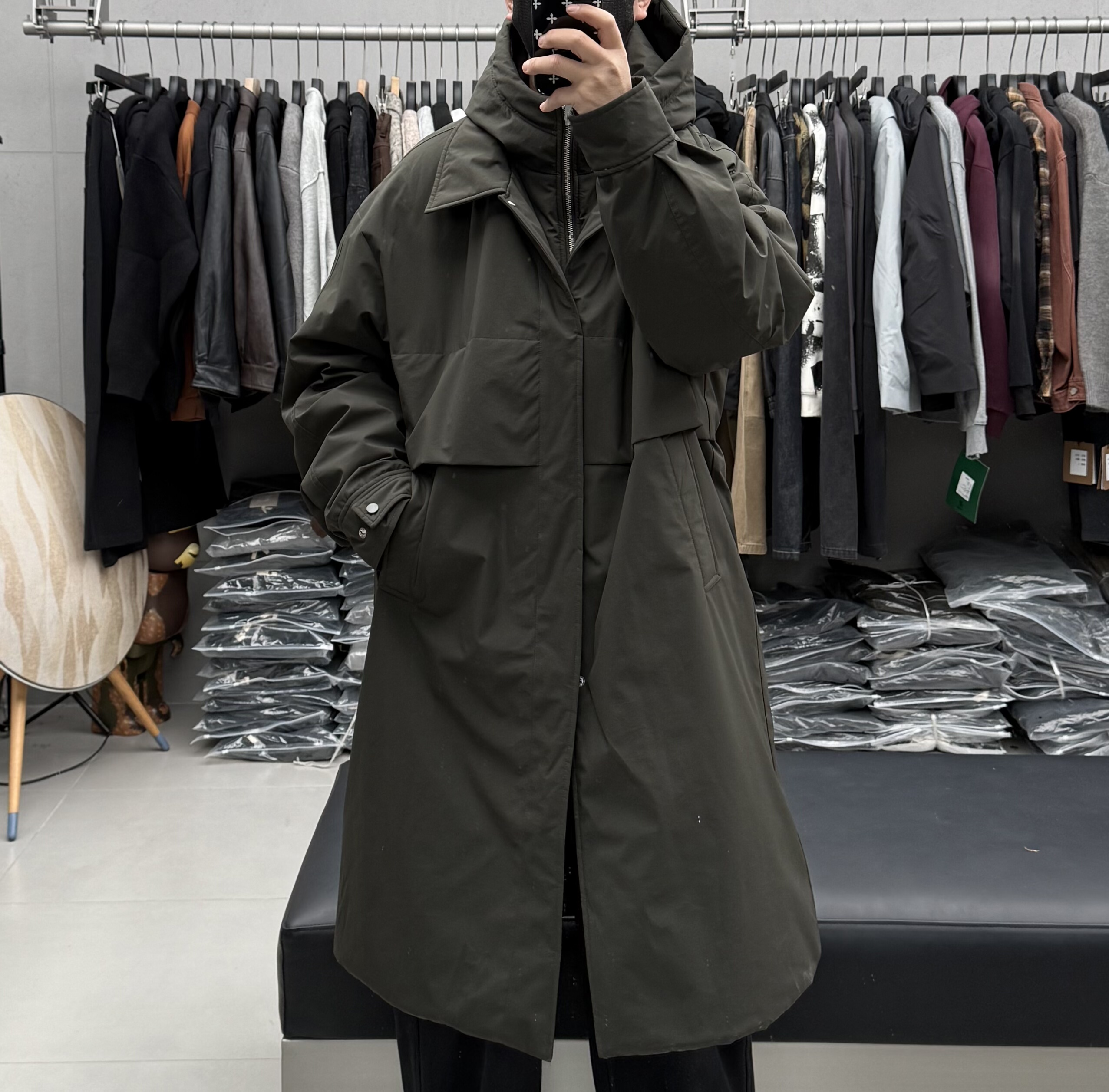 美式复古假两件拼接中长款连帽羽绒服男冬季宽松保暖通勤风衣外套