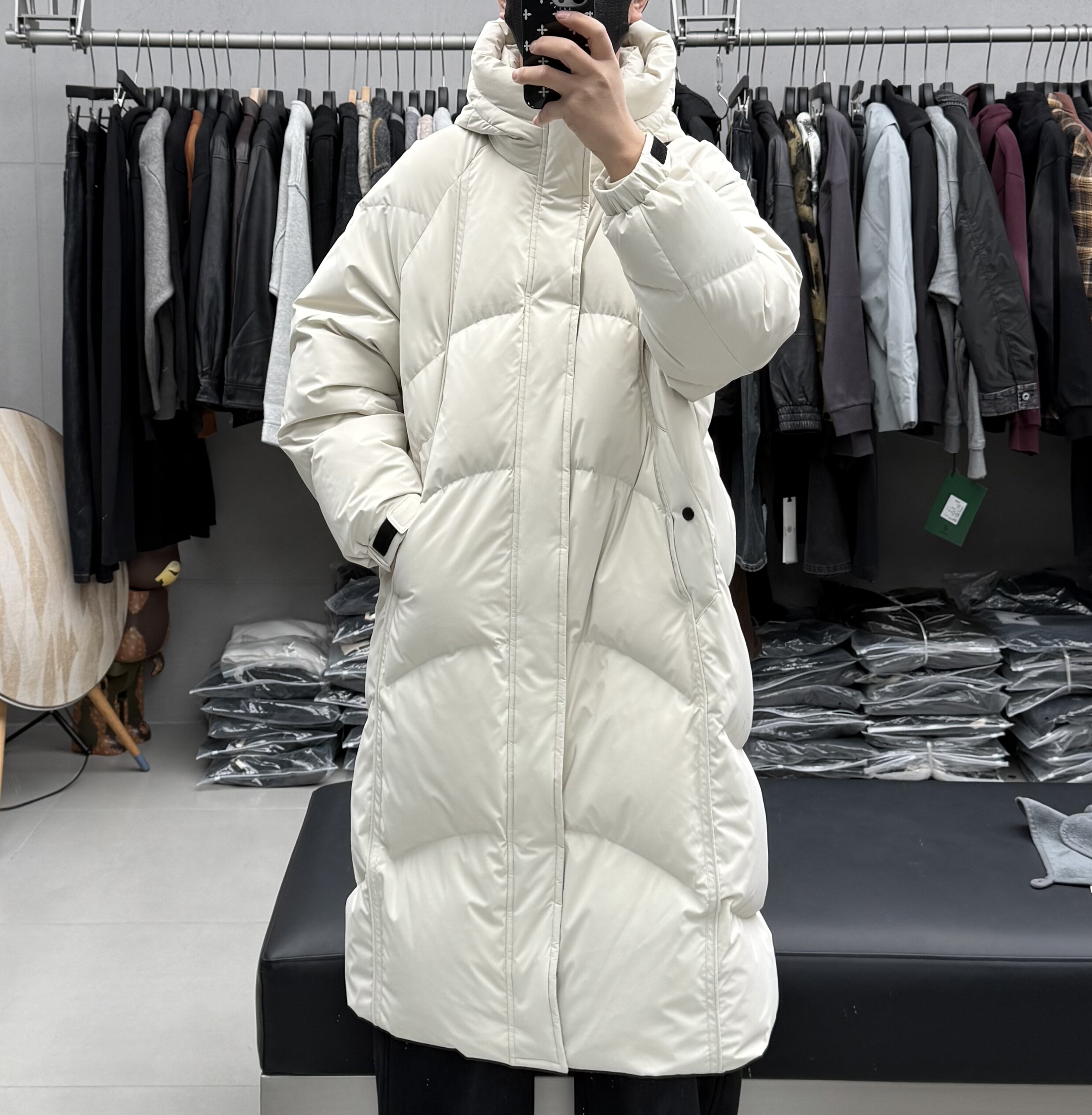 JNV冬季348g高充绒中长款连帽羽绒服男加厚保暖90白鸭绒情侣风衣