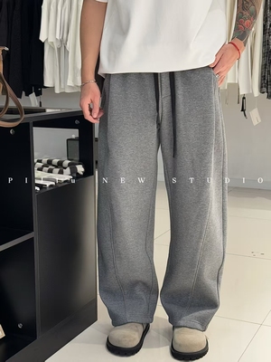 日系高端重磅加绒加厚弯刀休闲裤男冬季潮牌宽松直筒阔腿运动长裤