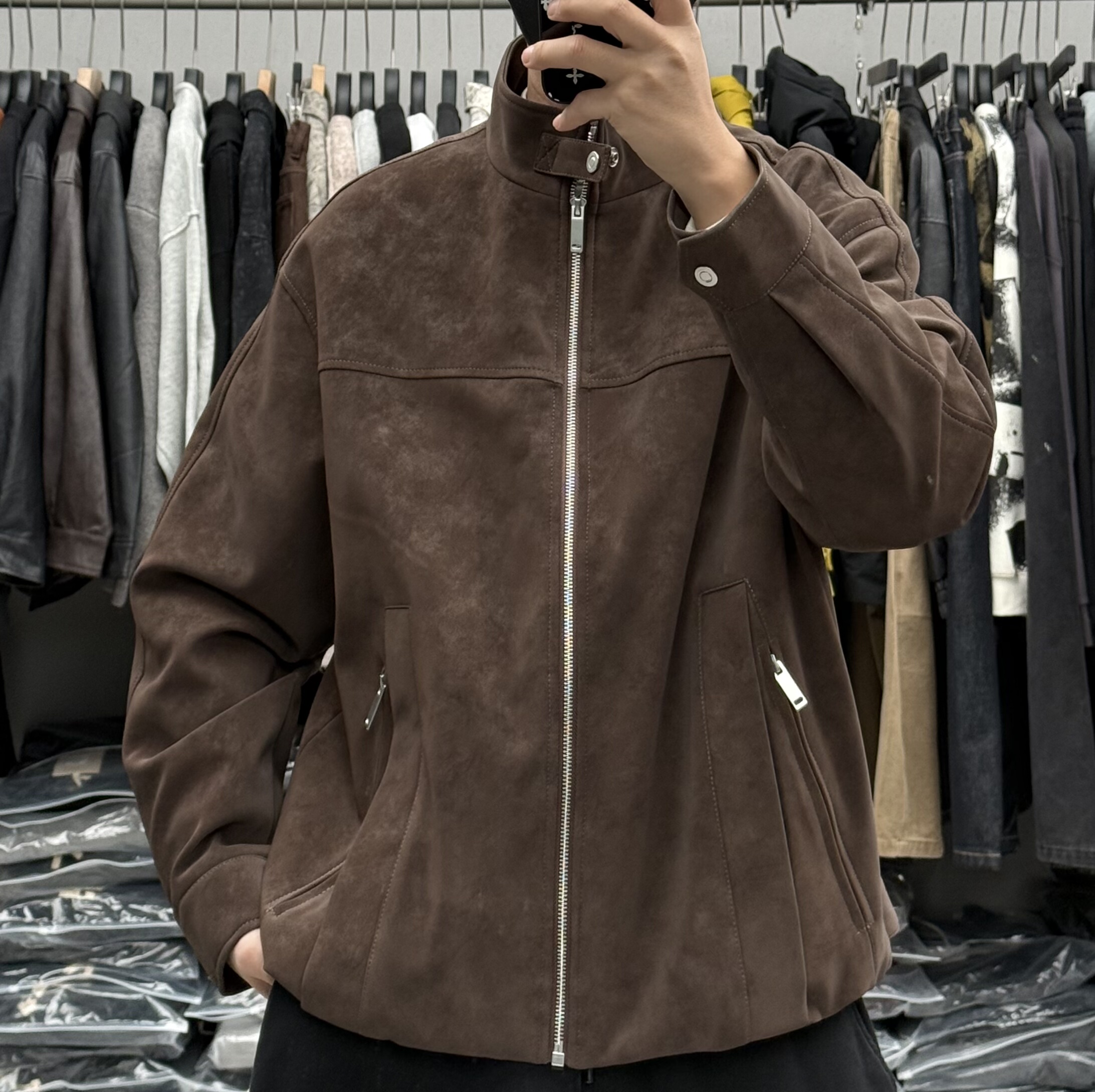 美式复古做旧麂皮绒立领羽绒服男冬季加厚保暖宽松百搭机车服外套