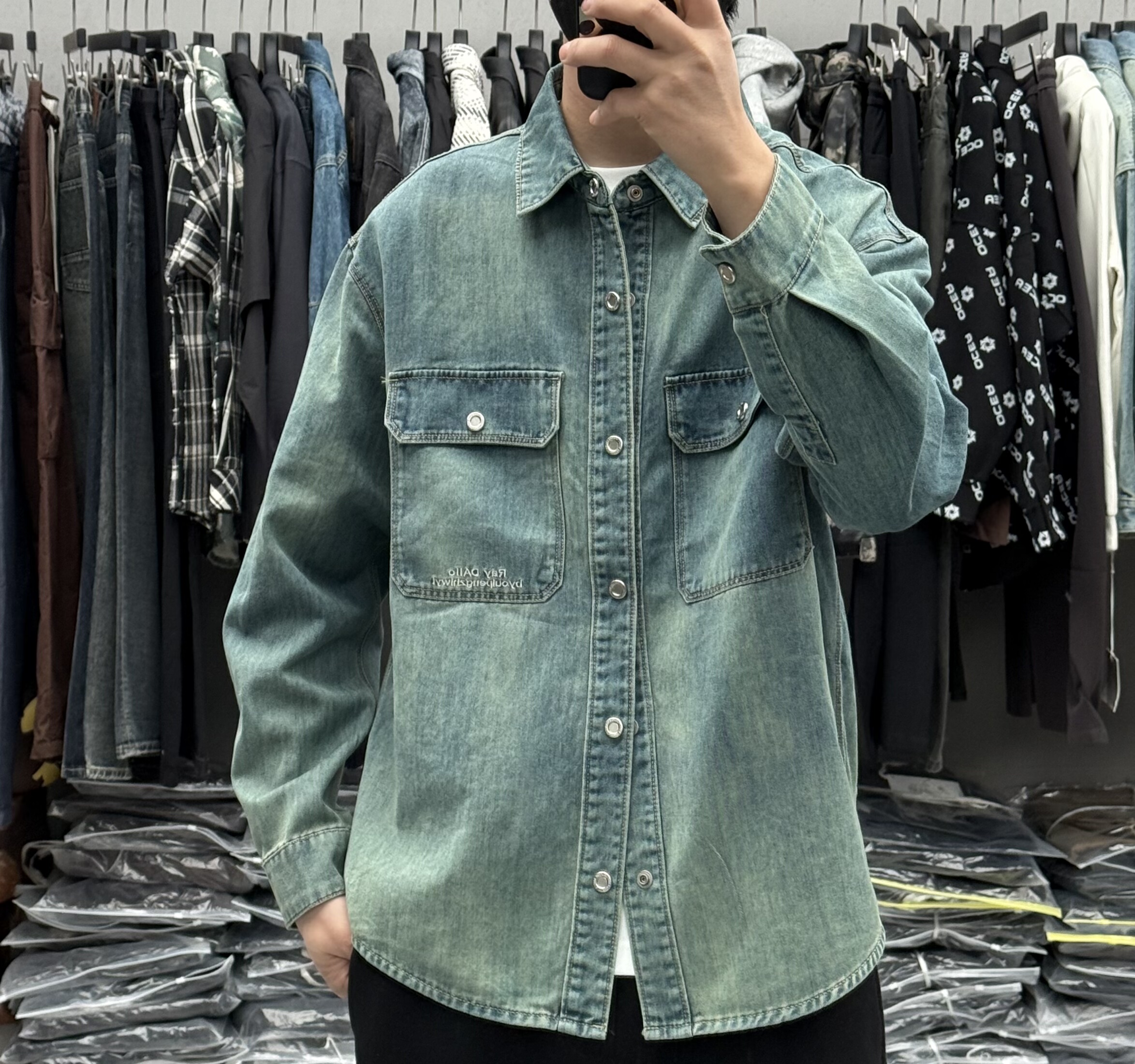 美式复古重工水洗翻领牛仔衬衫男春季新款高级感痞帅通勤工装外套