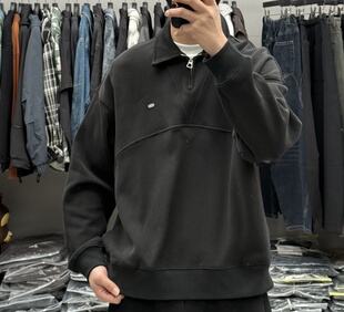 BY3春季新款男重磅纯色半拉链翻领套头卫衣美式高街宽松痞帅上衣
