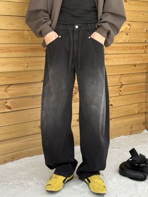 美式复古水洗做旧加绒加厚弯刀牛仔裤男冬季潮牌宽松保暖阔腿长裤