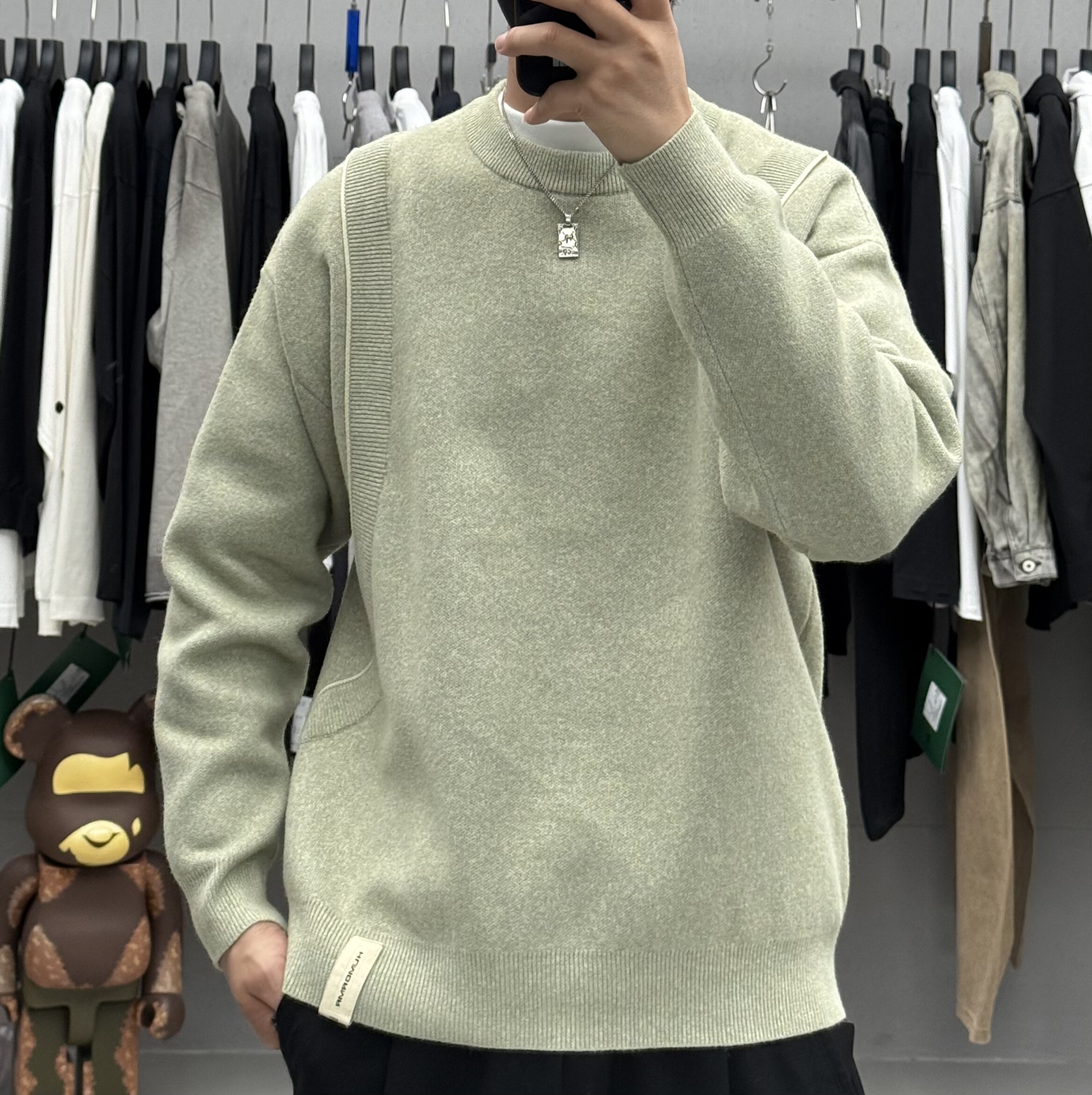 歡囍秋冬男设计感拼接加厚圆领毛衣韩系休闲简约保暖打底针织衫潮