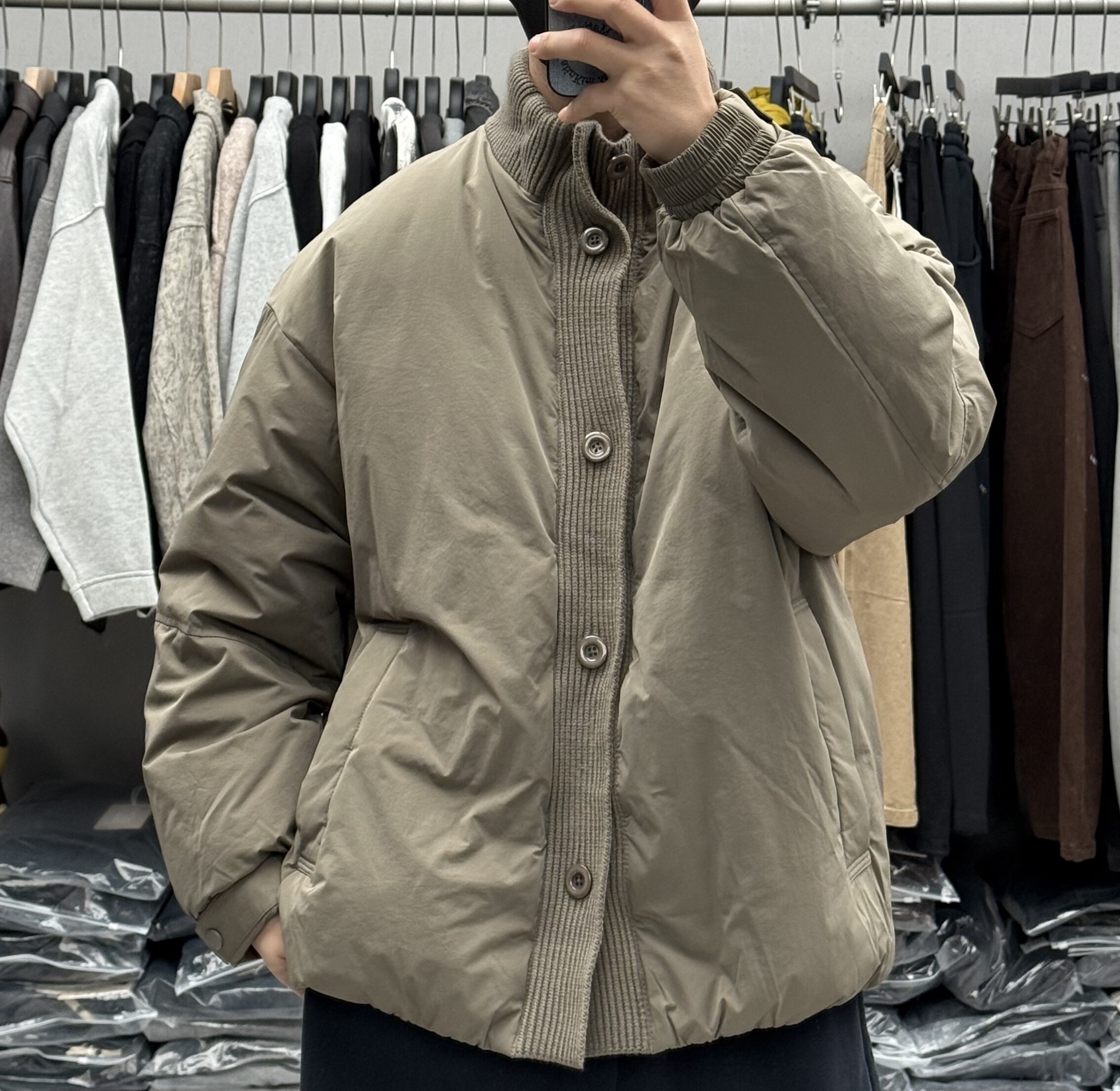 日系复古毛线针织拼接立领羽绒服男冬季宽松保暖90白鸭绒面包服潮