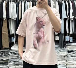 美式潮牌重工粉红豹印花短袖T恤男夏季重磅纯棉宽松痞帅情侣半袖t