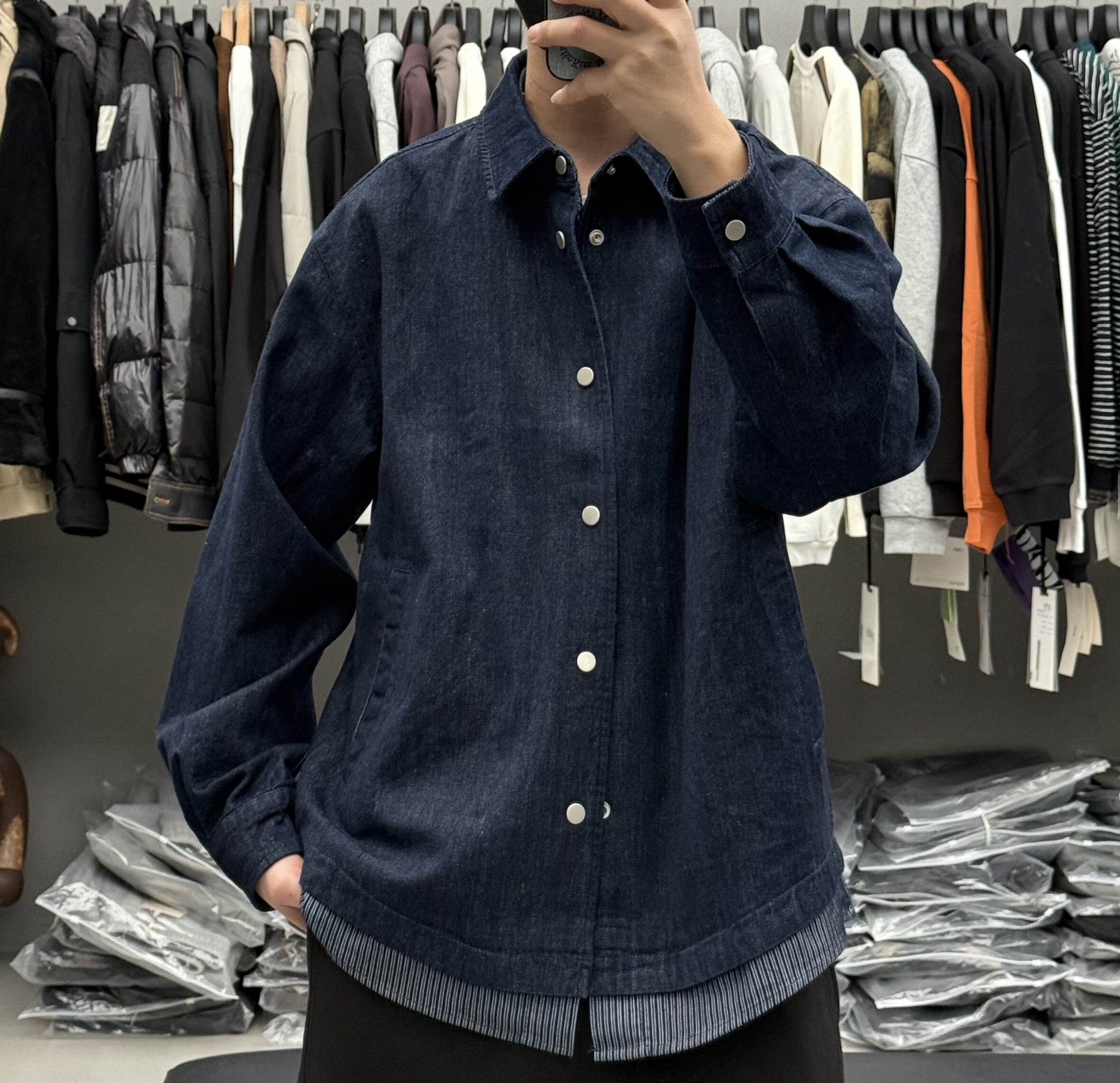 潮牌条纹衬衫拼接假两件翻领牛仔夹克男春季美式宽松痞帅通勤外套,男装,牛仔外套,淘宝优惠券,粉丝福利购,淘宝优惠卷